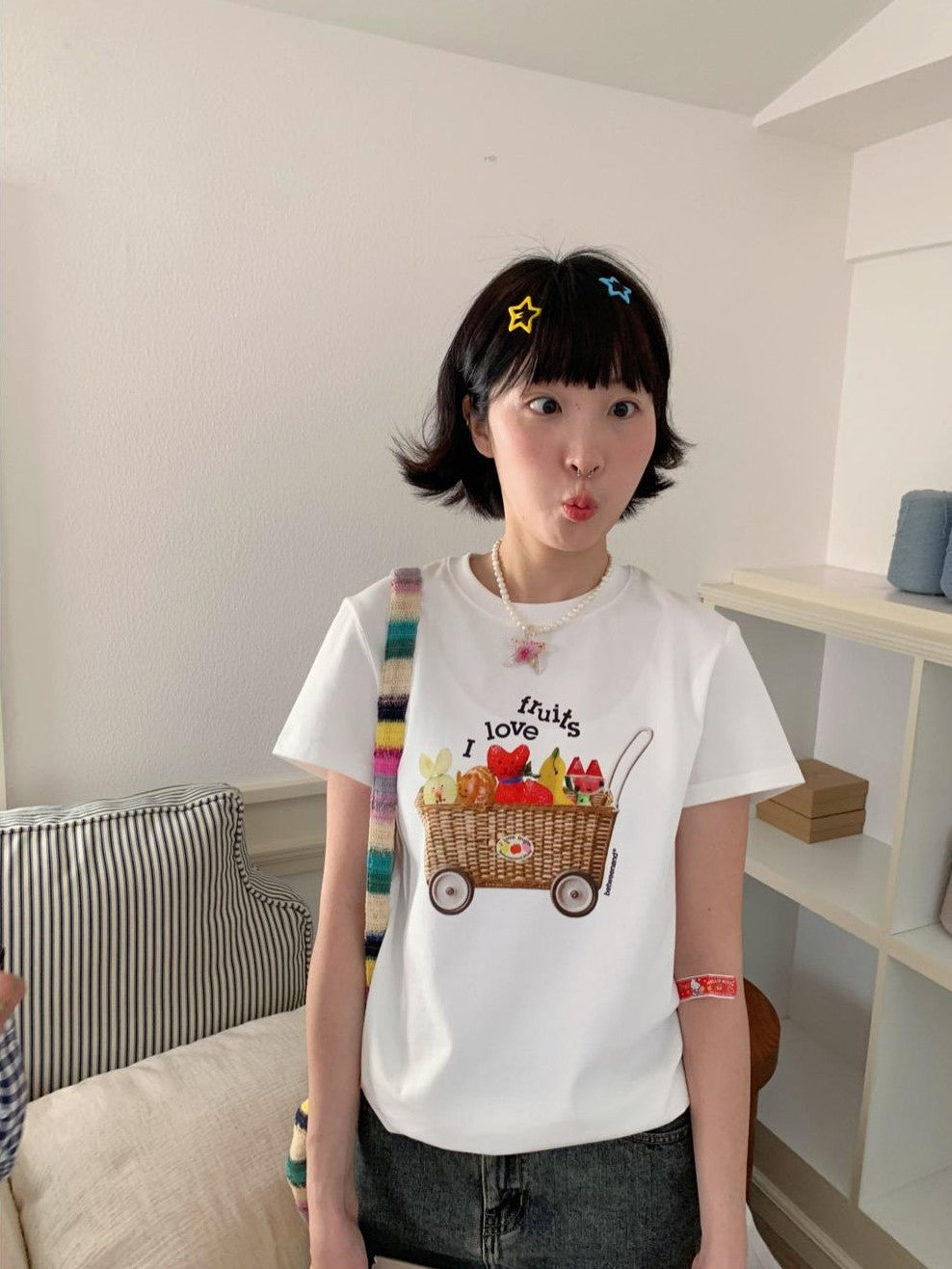 Colorful Fruit Animal Print Slim Women's Cotton Blend Short Sleeve T-shirts