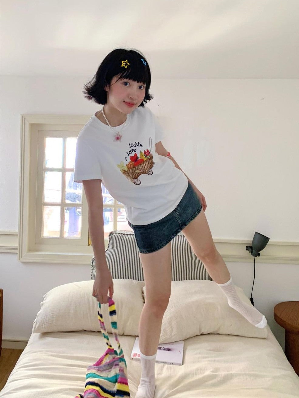 Colorful Fruit Animal Print Slim Women's Cotton Blend Short Sleeve T-shirts