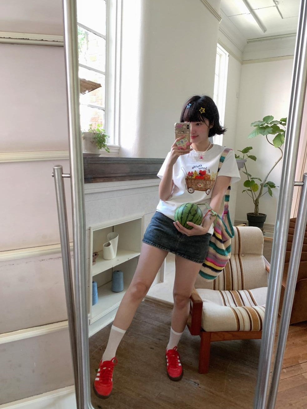 Colorful Fruit Animal Print Slim Women's Cotton Blend Short Sleeve T-shirts