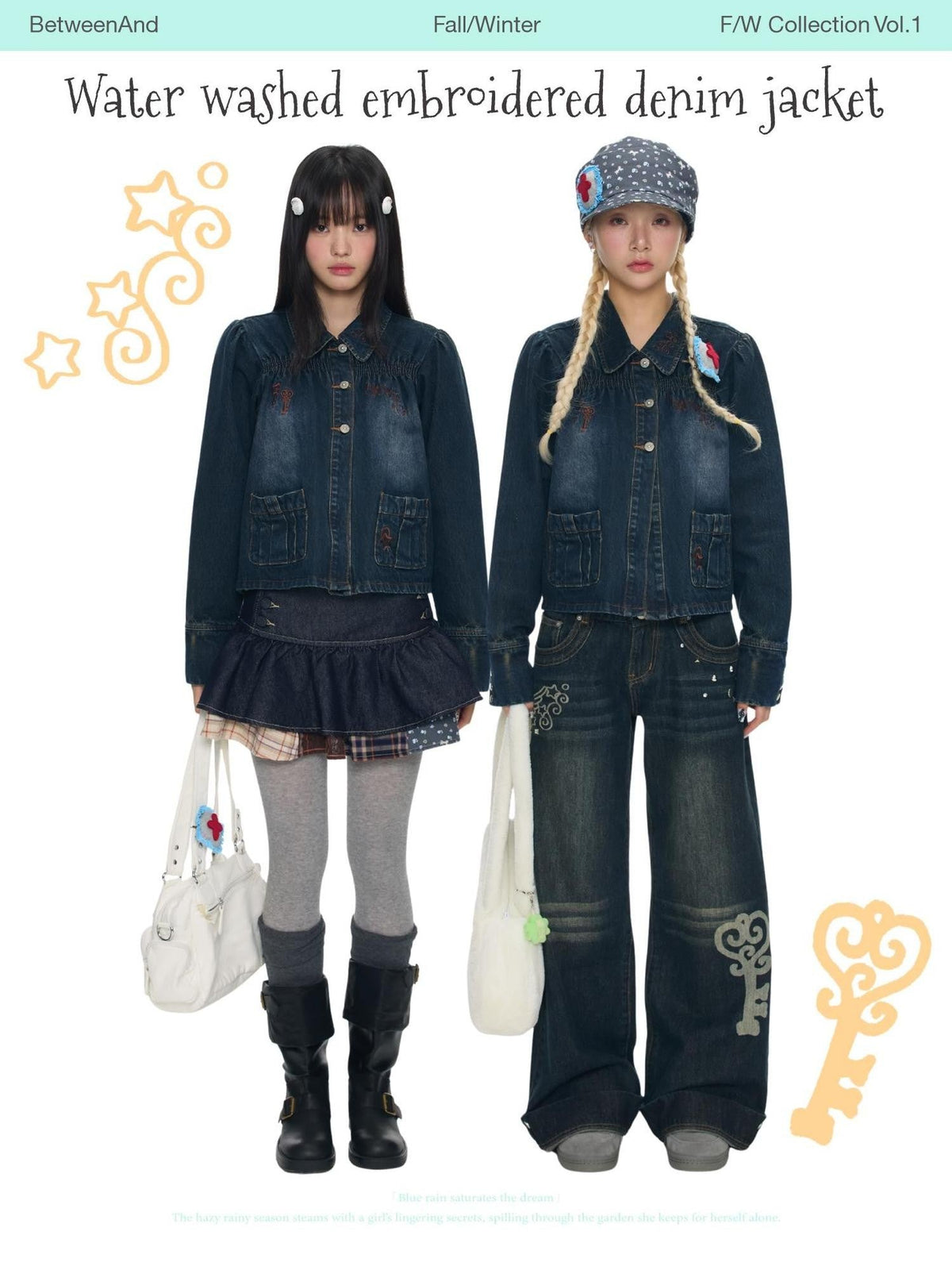 Cool Washed Key Star Music Note Embroidery Straight Women's Cotton Denim Jackets