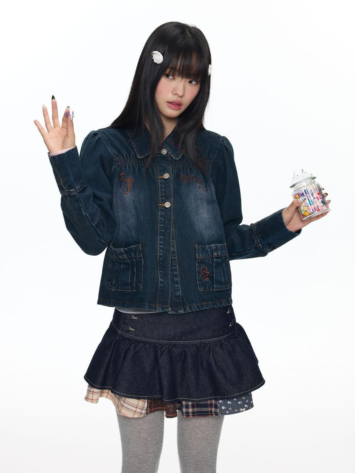 Cool Washed Key Star Music Note Embroidery Straight Women's Cotton Denim Jackets
