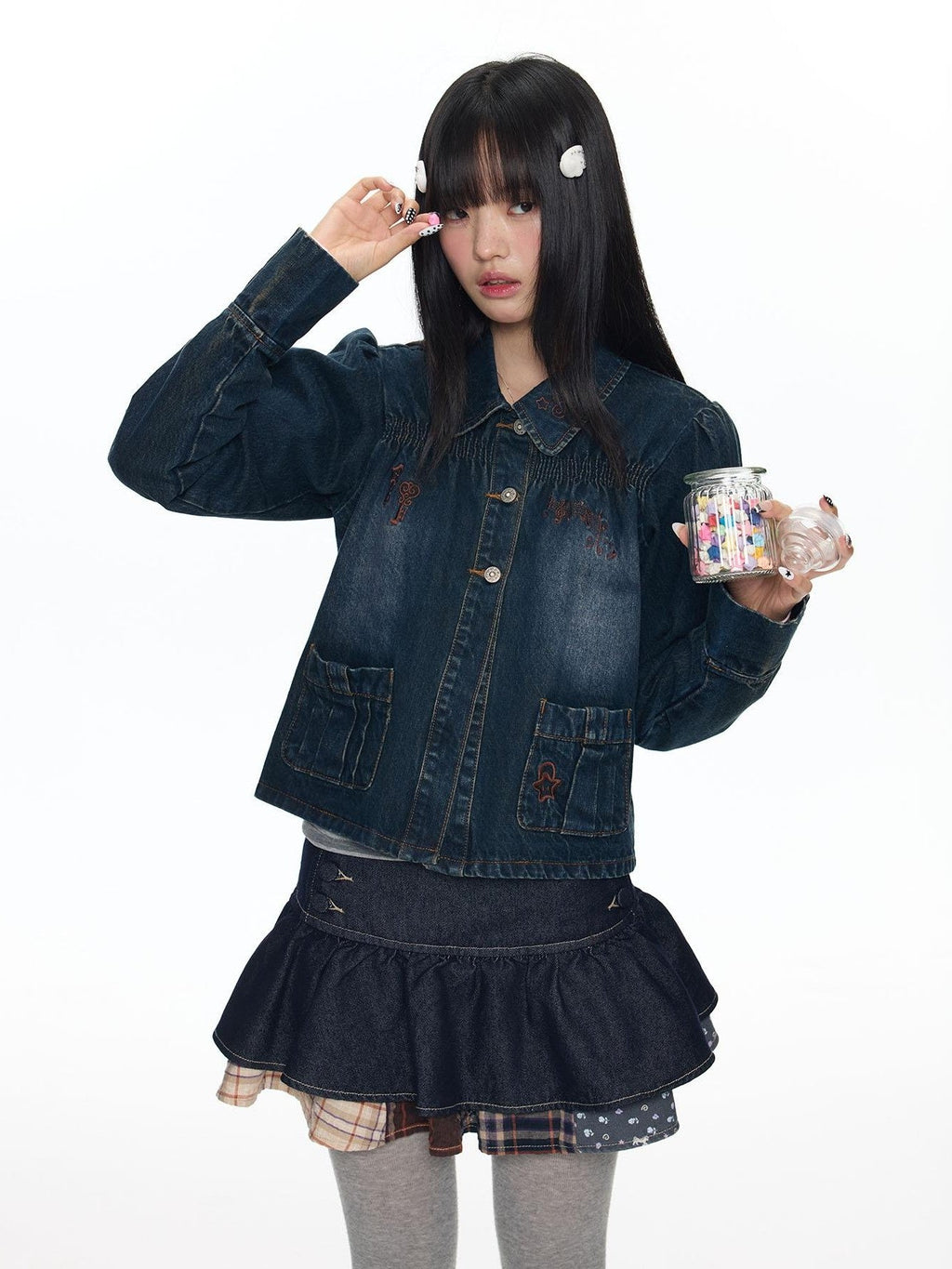Cool Washed Key Star Music Note Embroidery Straight Women's Cotton Denim Jackets