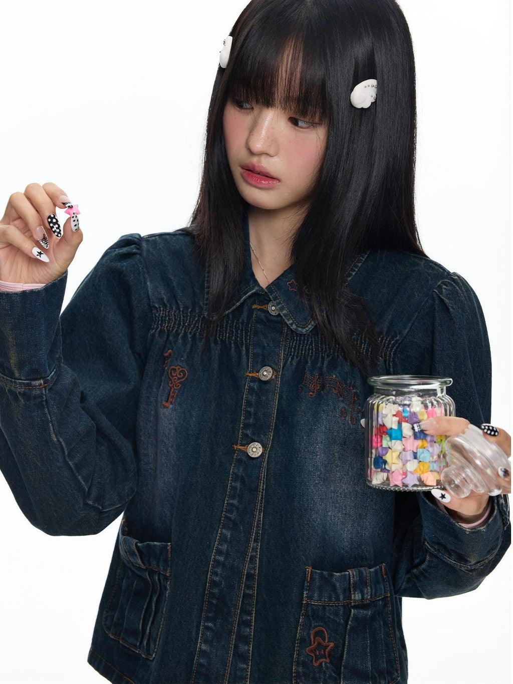 Cool Washed Key Star Music Note Embroidery Straight Women's Cotton Denim Jackets