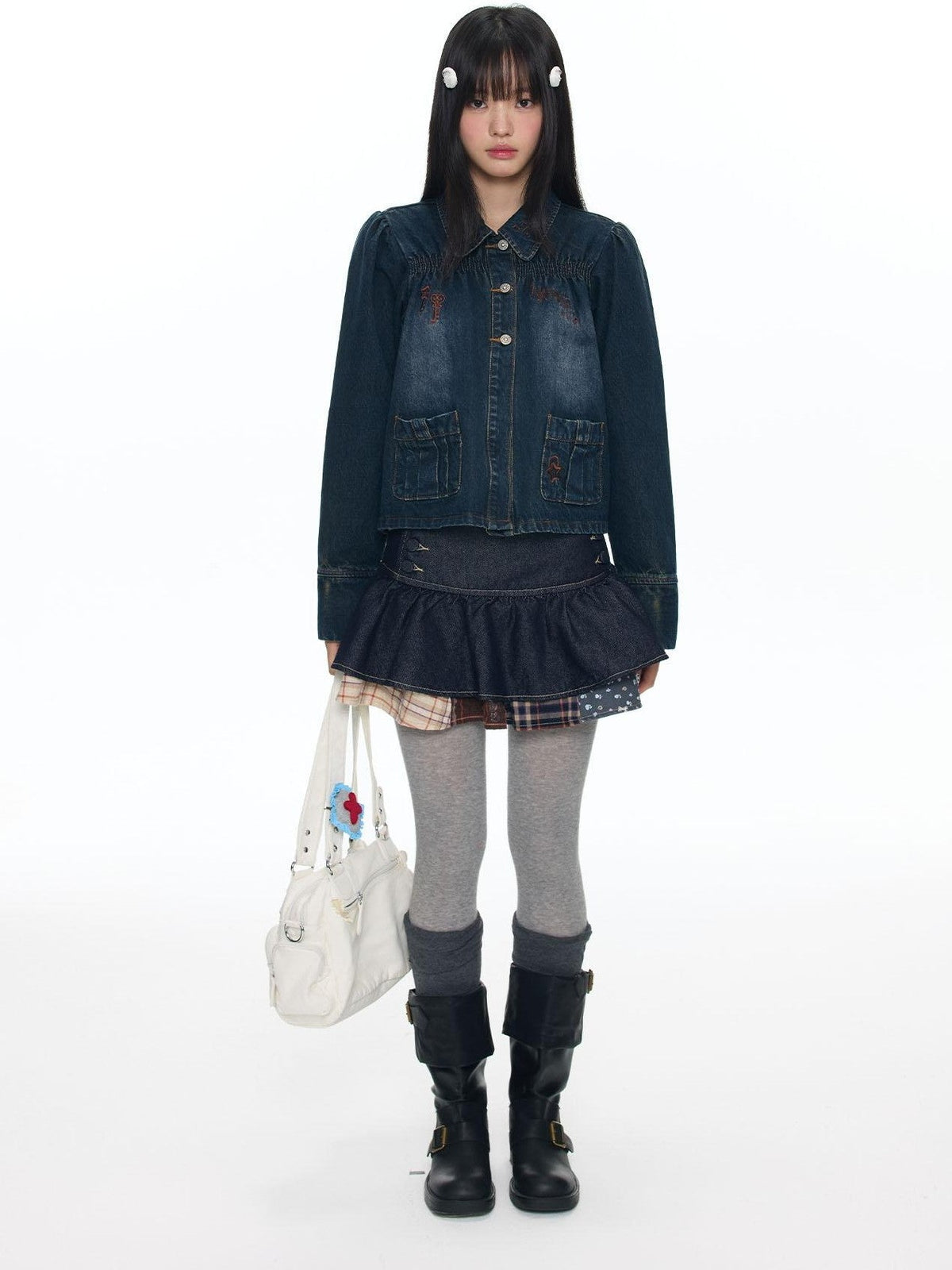 Cool Washed Key Star Music Note Embroidery Straight Women's Cotton Denim Jackets