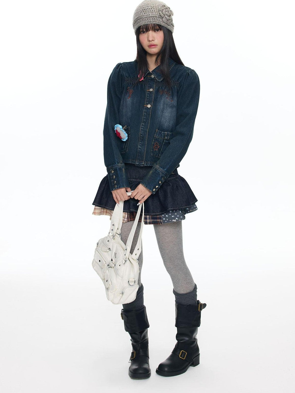 Cool Washed Key Star Music Note Embroidery Straight Women's Cotton Denim Jackets