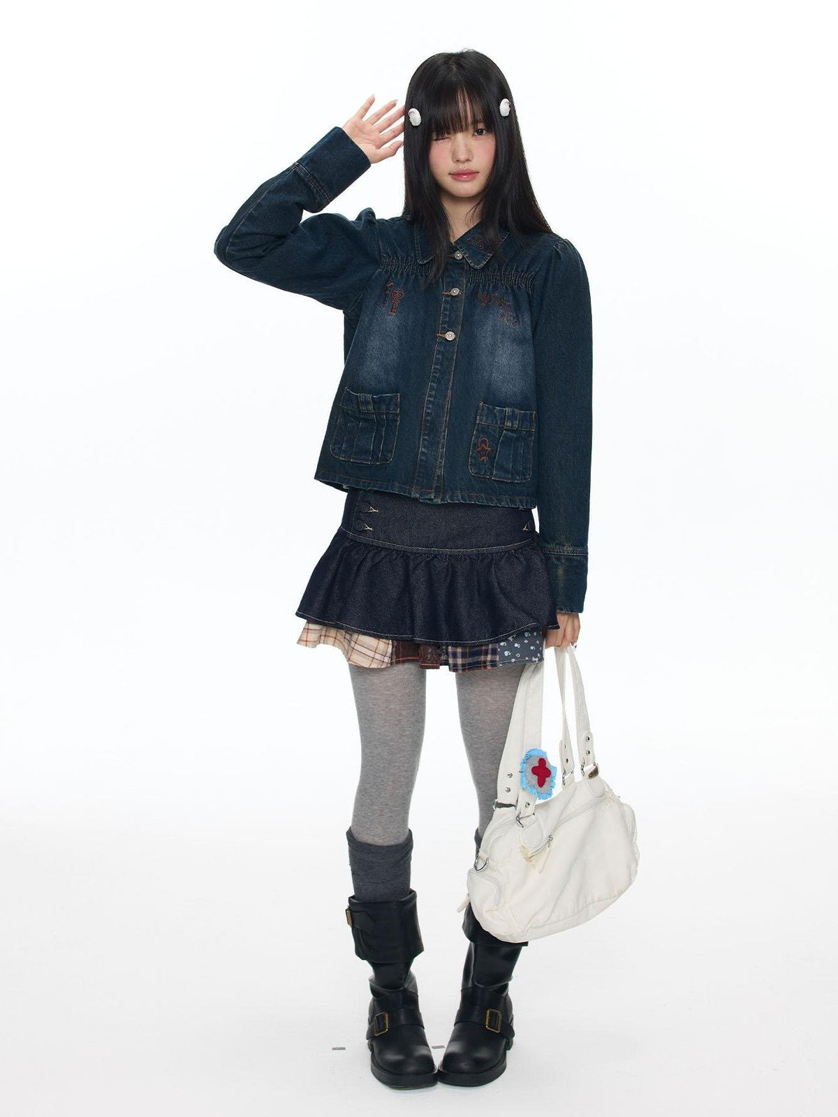 Cool Washed Key Star Music Note Embroidery Straight Women's Cotton Denim Jackets
