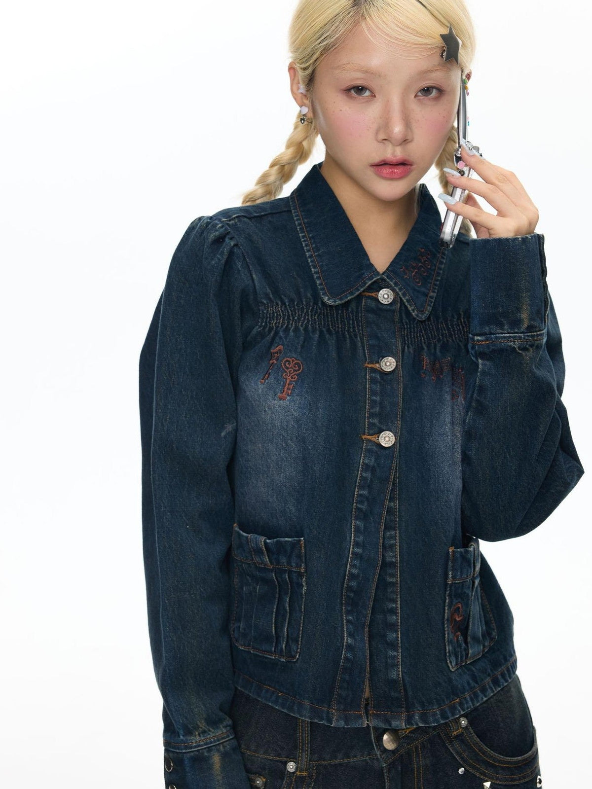 Cool Washed Key Star Music Note Embroidery Straight Women's Cotton Denim Jackets