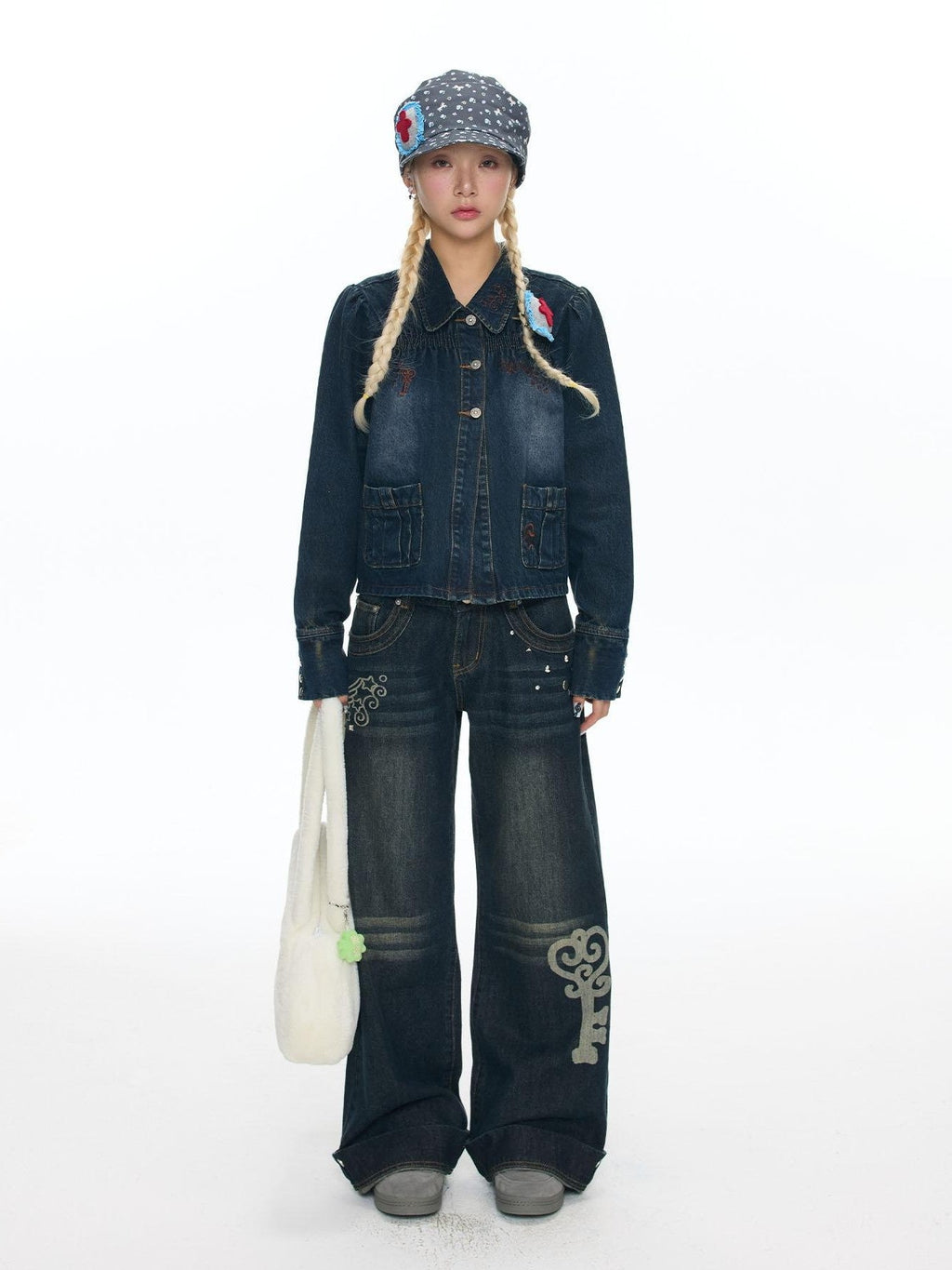 Cool Washed Key Star Music Note Embroidery Straight Women's Cotton Denim Jackets
