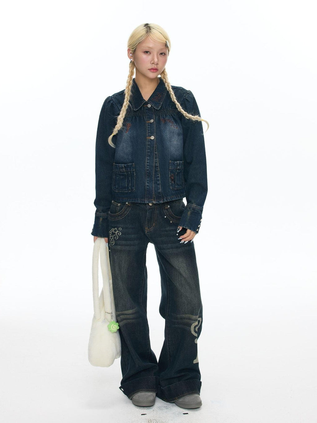 Cool Washed Key Star Music Note Embroidery Straight Women's Cotton Denim Jackets