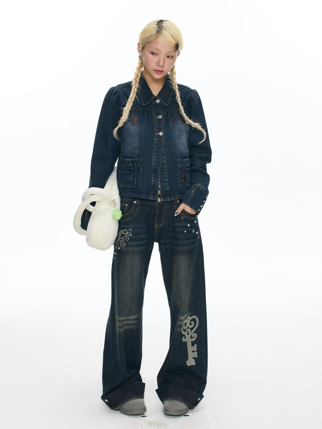 Cool Washed Key Star Music Note Embroidery Straight Women's Cotton Denim Jackets