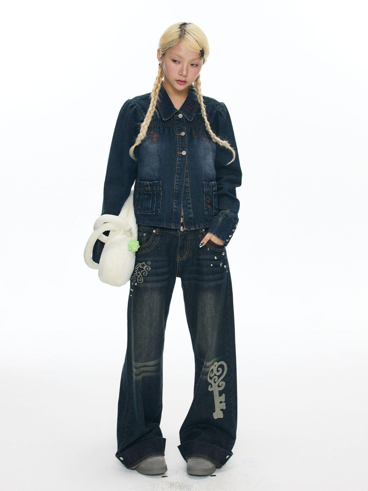 Cool Washed Key Star Music Note Embroidery Straight Women's Cotton Denim Jackets