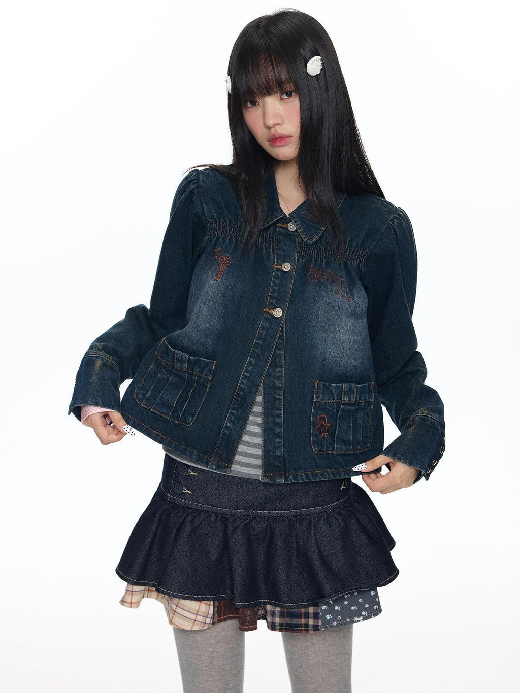 Cool Washed Key Star Music Note Embroidery Straight Women's Cotton Denim Jackets