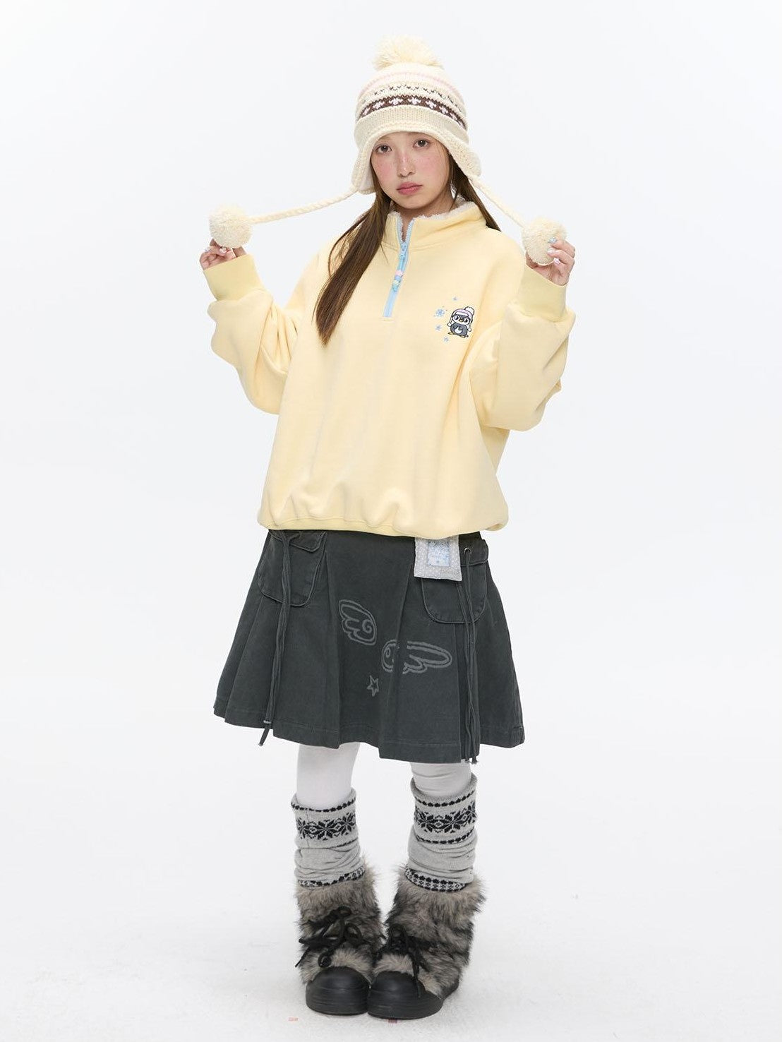 Cream Yellow Penguin Embroidered Henley Fleece Women's Polyester Sweatshirts