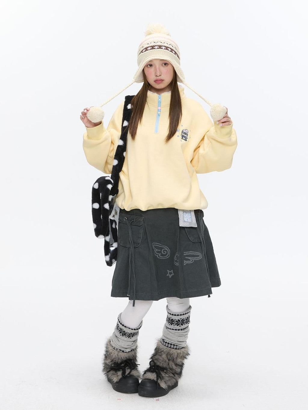 Cream Yellow Penguin Embroidered Henley Fleece Women's Polyester Sweatshirts