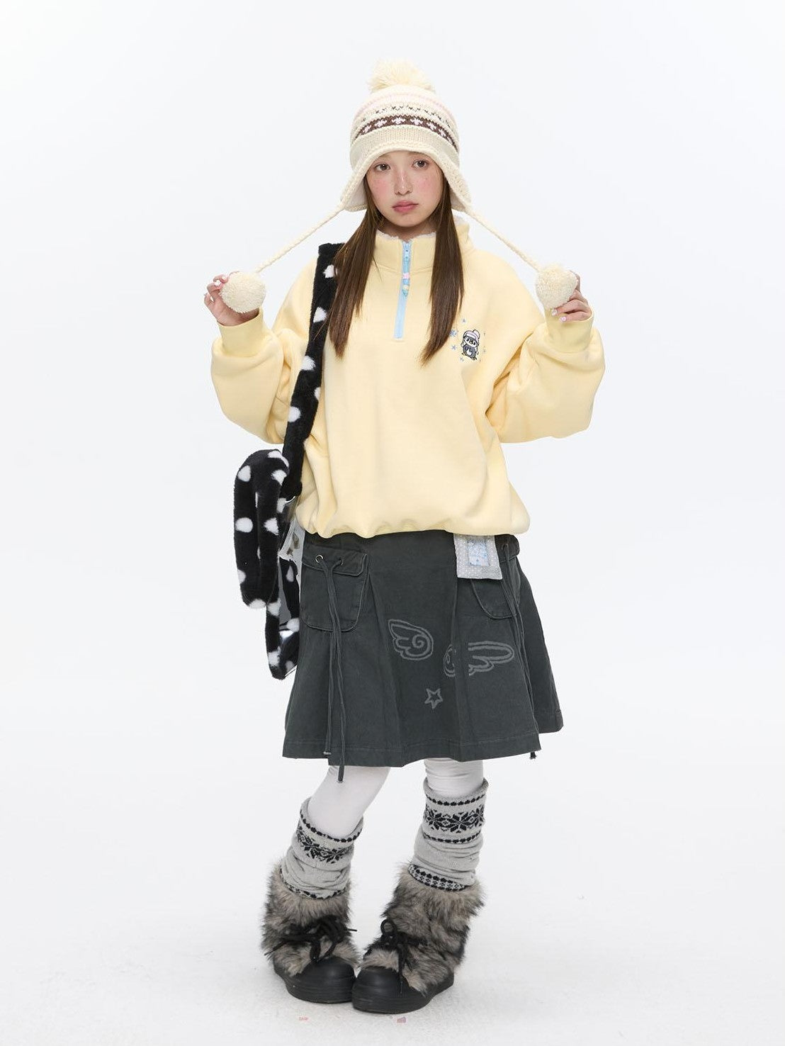 Cream Yellow Penguin Embroidered Henley Fleece Women's Polyester Sweatshirts