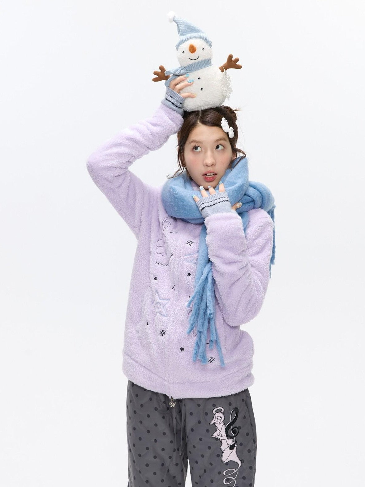Creamy Plush Embroidered Stand Collar Women's Polyester Fleece Jackets