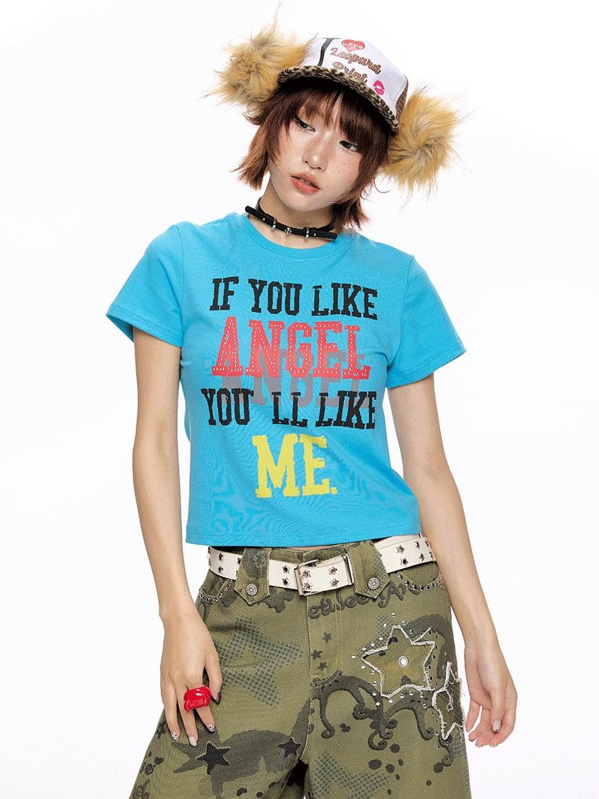 Cropped Tricolor Letter Print Women's Viscose Blend Short Sleeve T-shirts