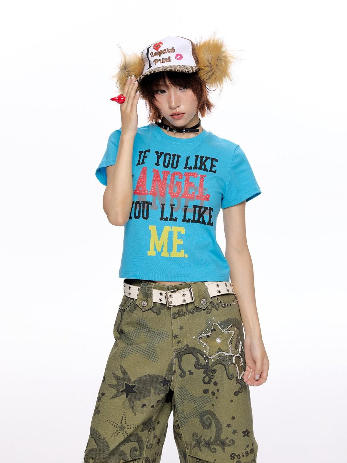 Cropped Tricolor Letter Print Women's Viscose Blend Short Sleeve T-shirts