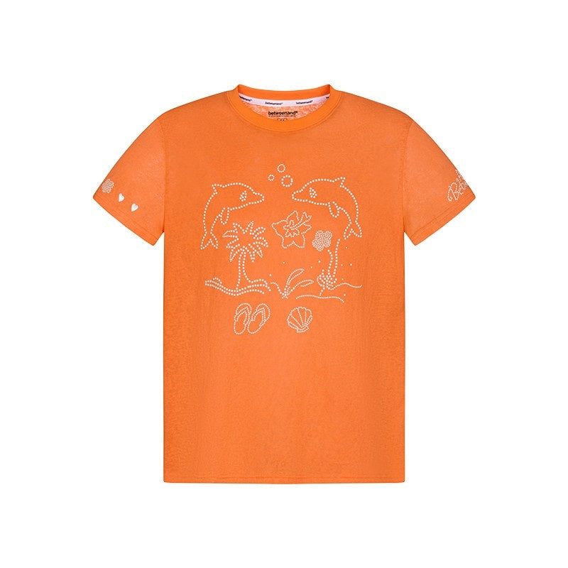 Dolphin Beaded Illustration Print Women's Bamboo Cotton Short Sleeve T-shirts