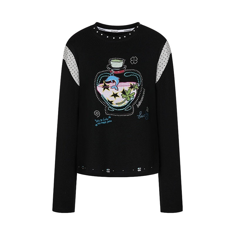 Dolphin Lucky Bottle Patchwork Rhinestone Print Women's Long Sleeve T-shirts