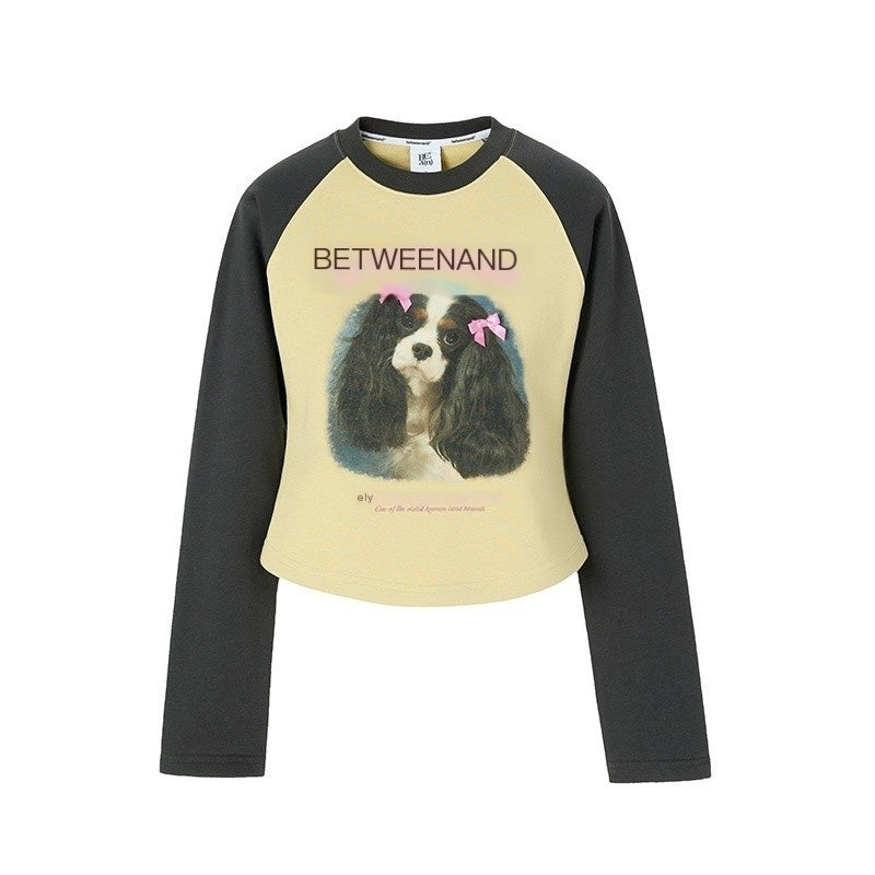 Double Bow Puppy Print Raglan Crop Women's Cotton Blend Long Sleeve T-shirts