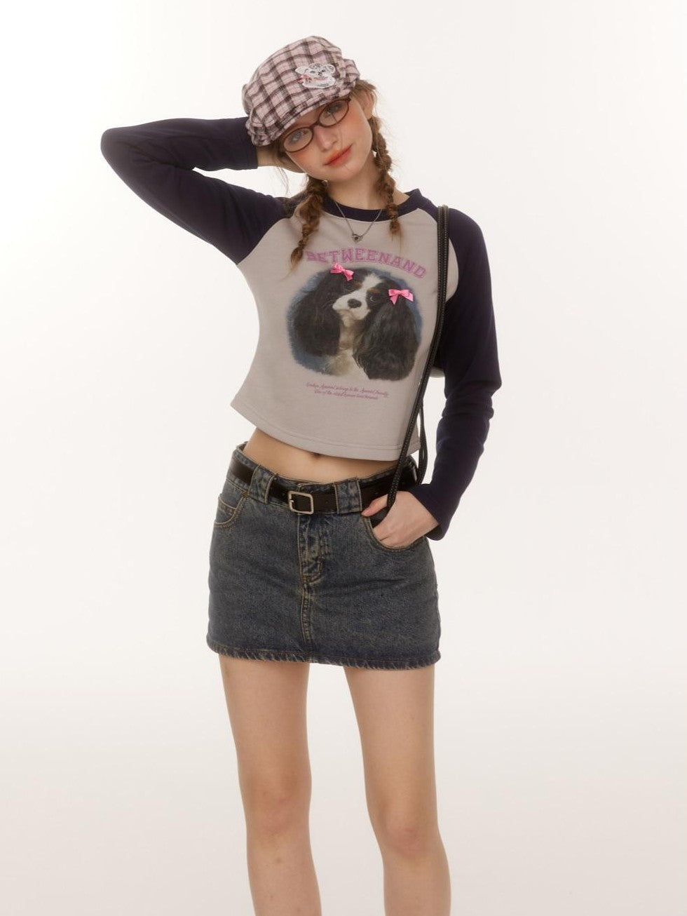 Double Bow Puppy Print Raglan Crop Women's Cotton Blend Long Sleeve T-shirts