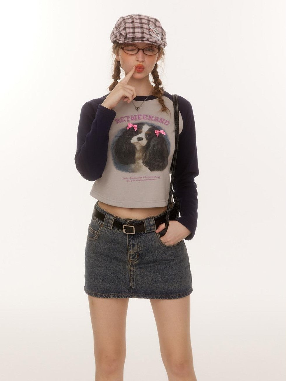 Double Bow Puppy Print Raglan Crop Women's Cotton Blend Long Sleeve T-shirts