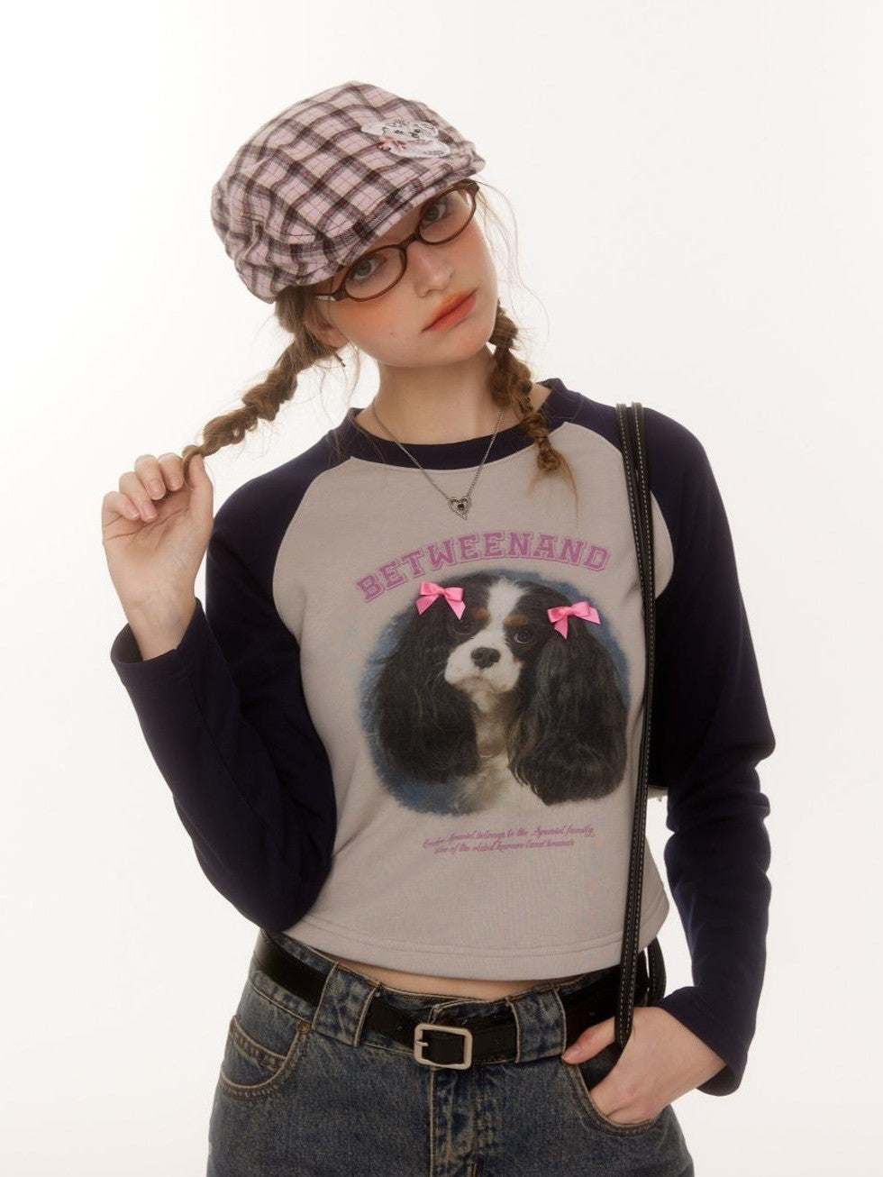 Double Bow Puppy Print Raglan Crop Women's Cotton Blend Long Sleeve T-shirts