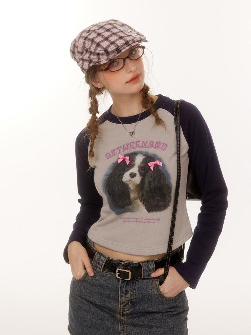 Double Bow Puppy Print Raglan Crop Women's Cotton Blend Long Sleeve T-shirts