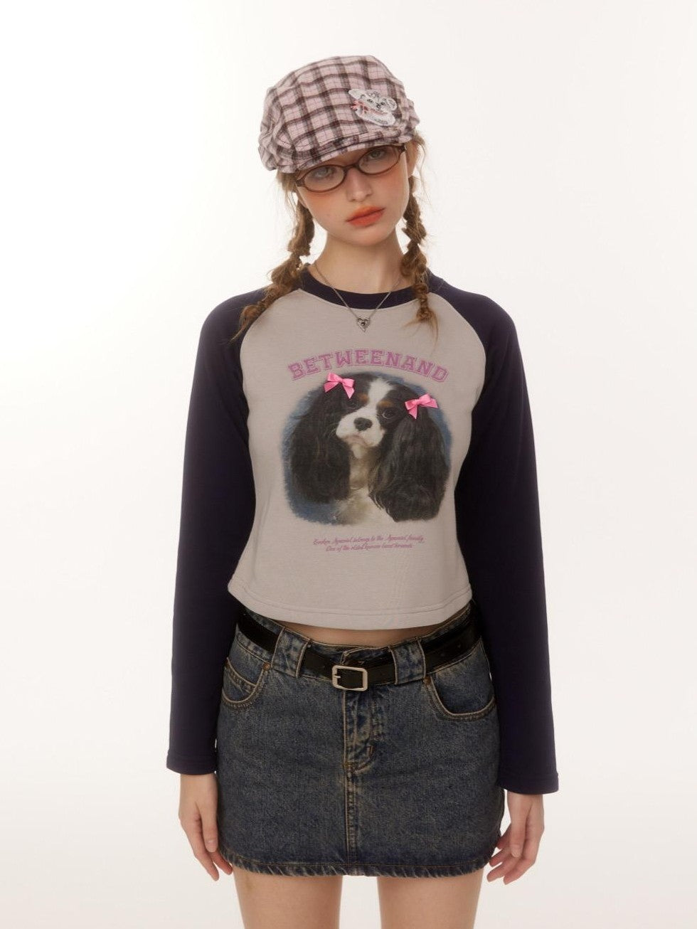 Double Bow Puppy Print Raglan Crop Women's Cotton Blend Long Sleeve T-shirts