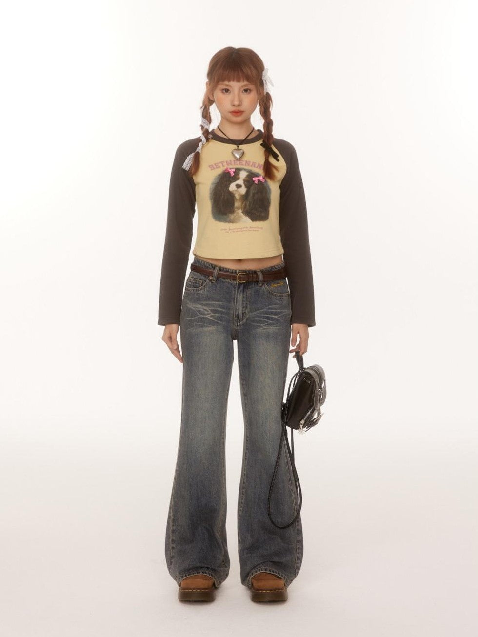 Double Bow Puppy Print Raglan Crop Women's Cotton Blend Long Sleeve T-shirts