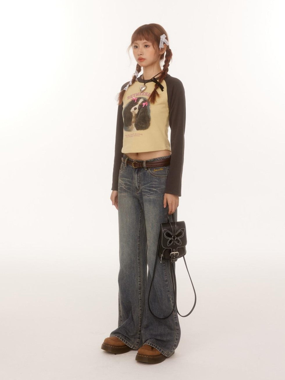 Double Bow Puppy Print Raglan Crop Women's Cotton Blend Long Sleeve T-shirts