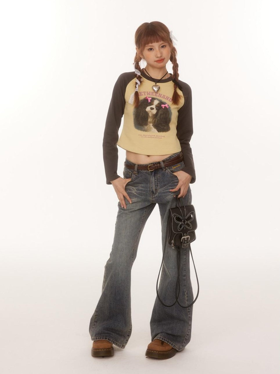 Double Bow Puppy Print Raglan Crop Women's Cotton Blend Long Sleeve T-shirts