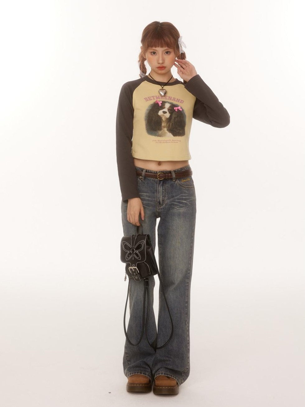 Double Bow Puppy Print Raglan Crop Women's Cotton Blend Long Sleeve T-shirts