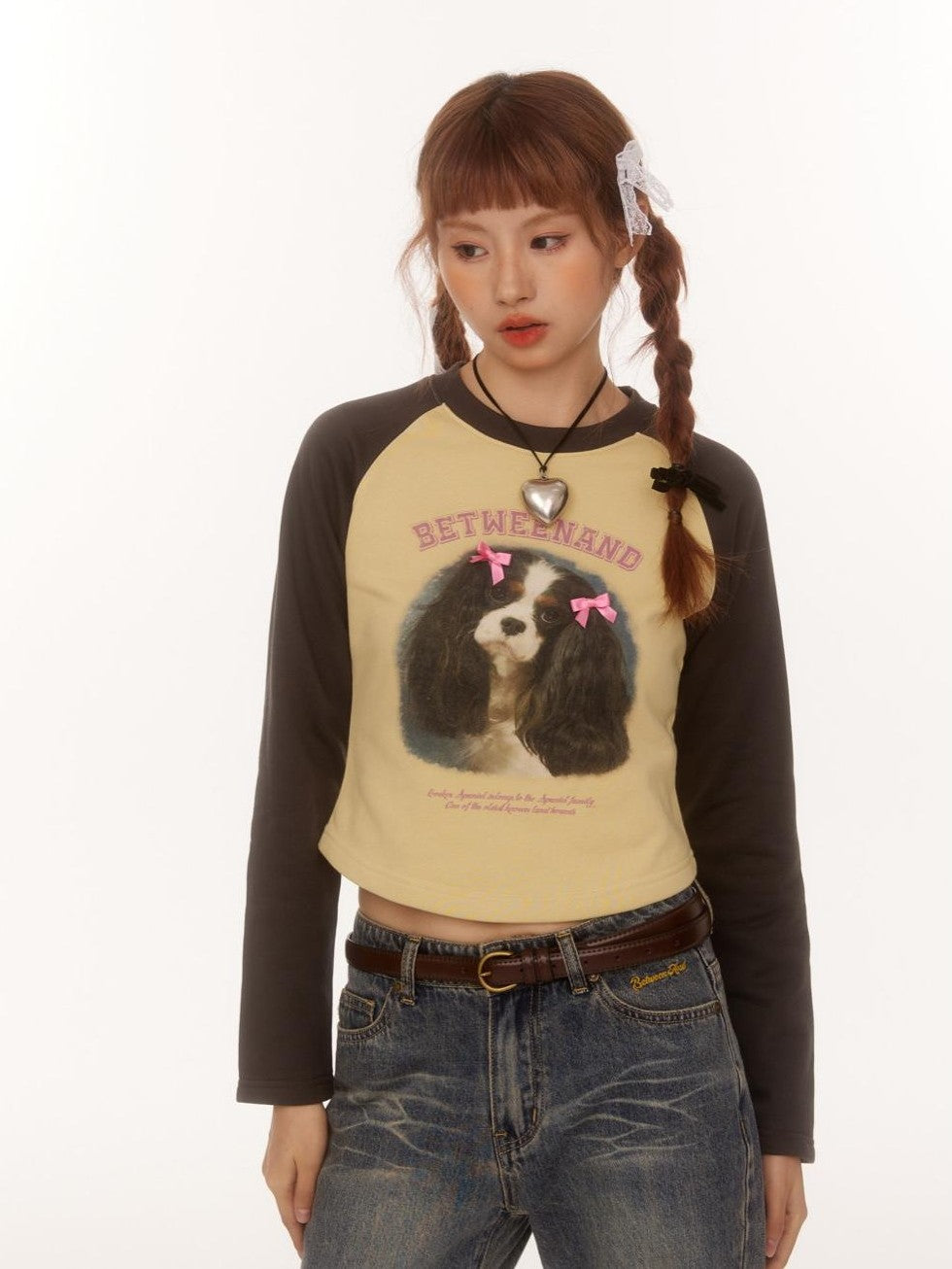 Double Bow Puppy Print Raglan Crop Women's Cotton Blend Long Sleeve T-shirts