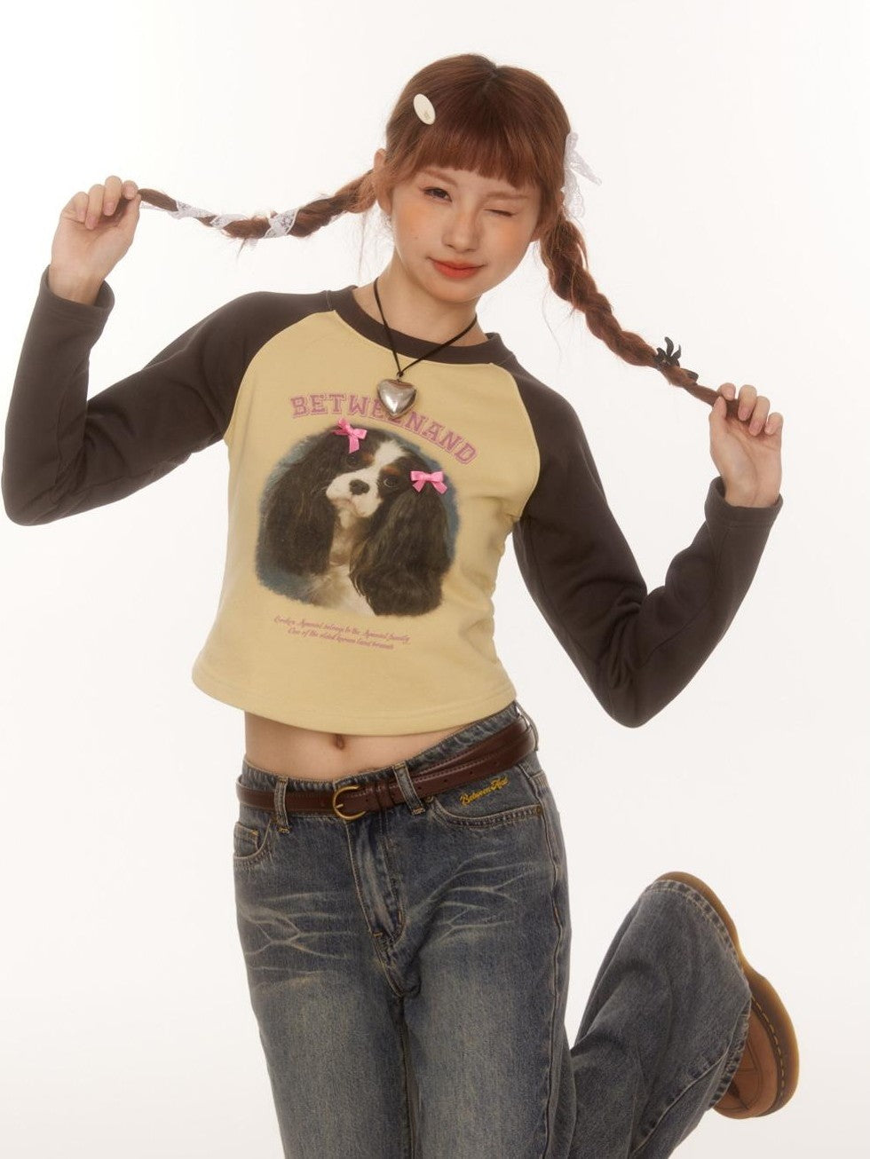 Double Bow Puppy Print Raglan Crop Women's Cotton Blend Long Sleeve T-shirts