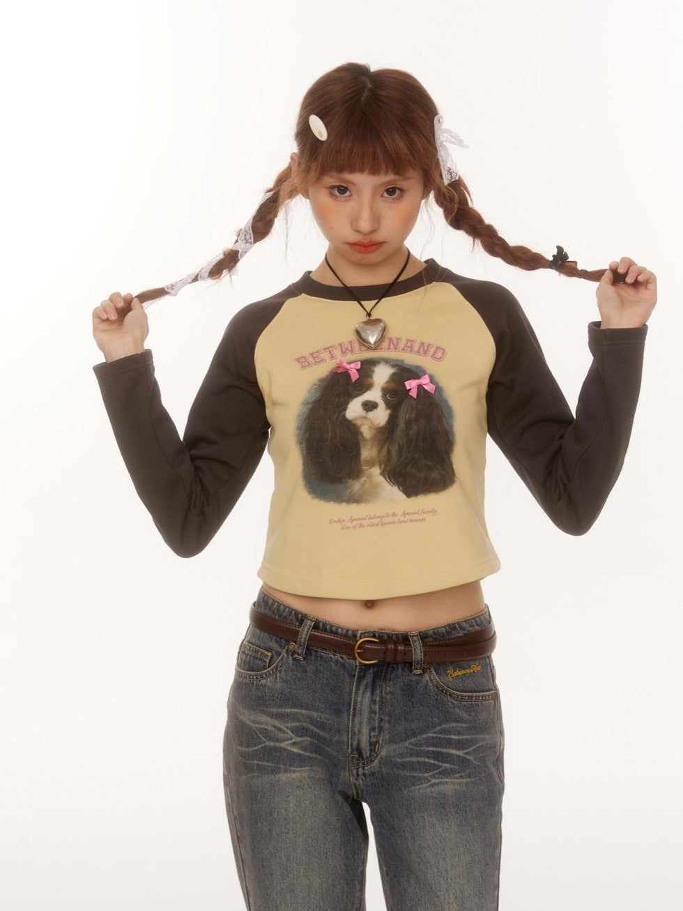 Double Bow Puppy Print Raglan Crop Women's Cotton Blend Long Sleeve T-shirts