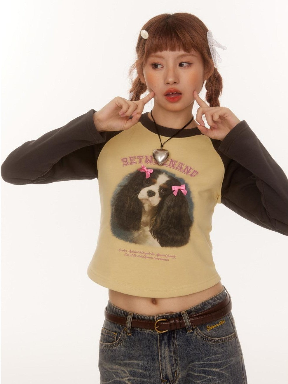 Double Bow Puppy Print Raglan Crop Women's Cotton Blend Long Sleeve T-shirts