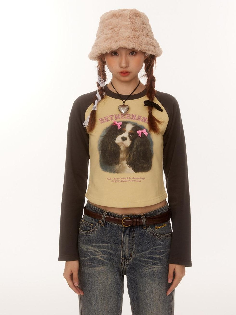 Double Bow Puppy Print Raglan Crop Women's Cotton Blend Long Sleeve T-shirts
