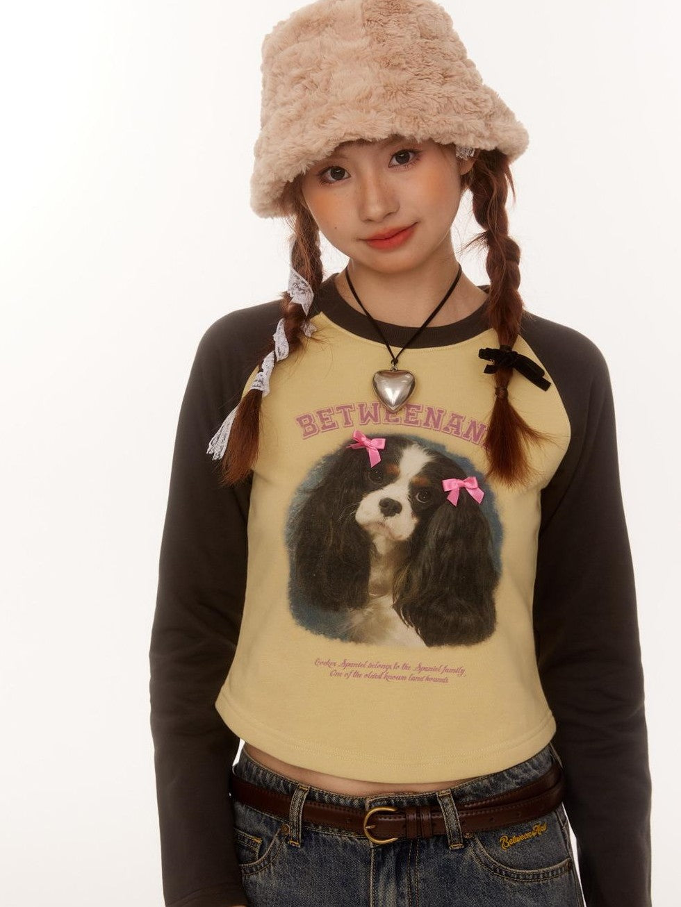 Double Bow Puppy Print Raglan Crop Women's Cotton Blend Long Sleeve T-shirts