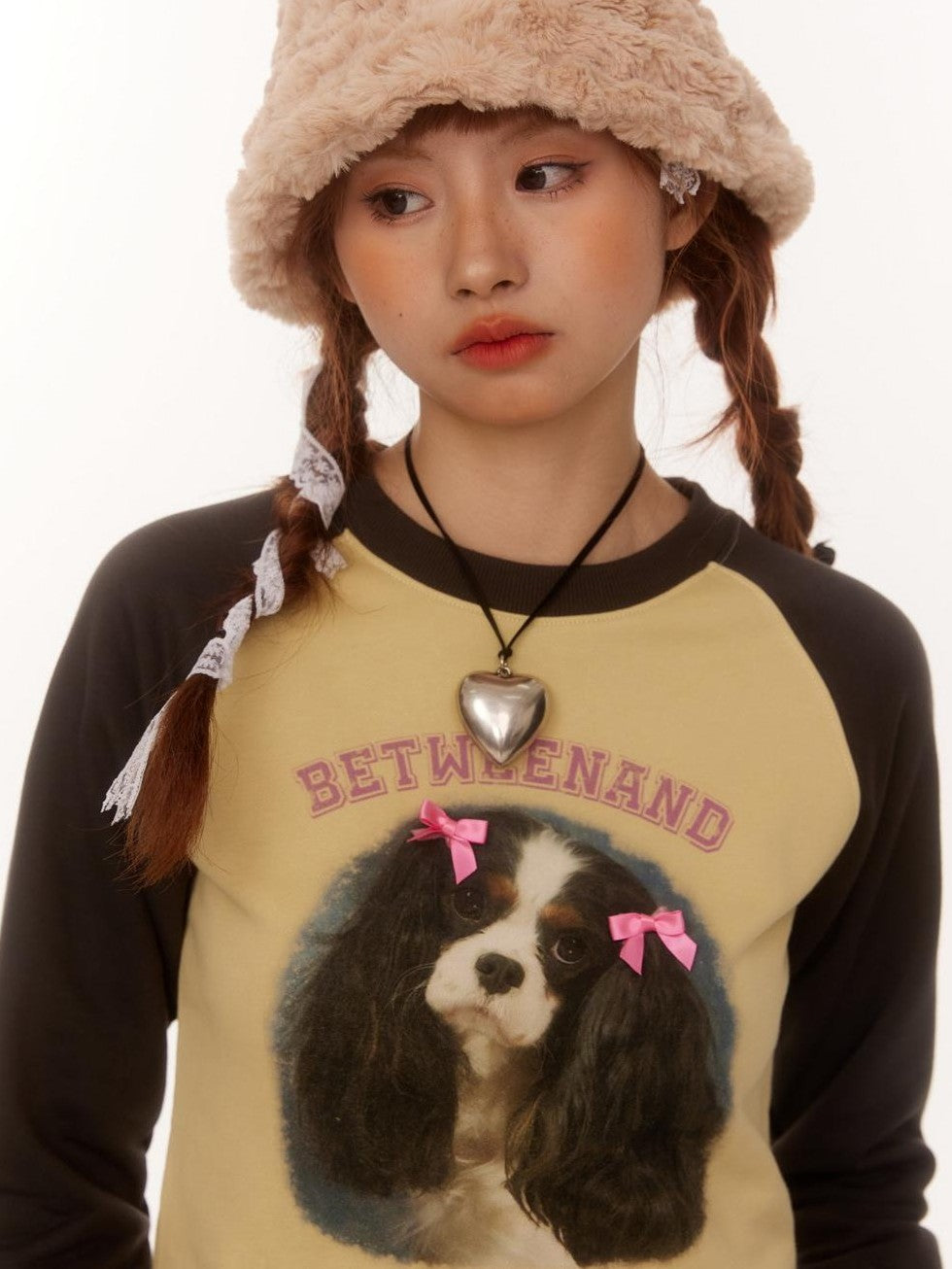Double Bow Puppy Print Raglan Crop Women's Cotton Blend Long Sleeve T-shirts