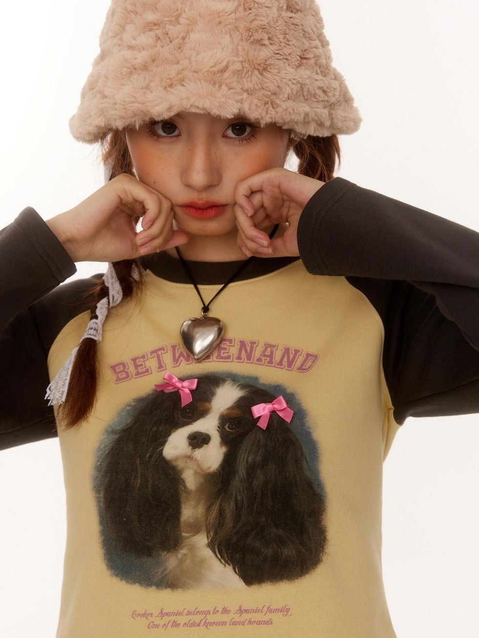 Double Bow Puppy Print Raglan Crop Women's Cotton Blend Long Sleeve T-shirts