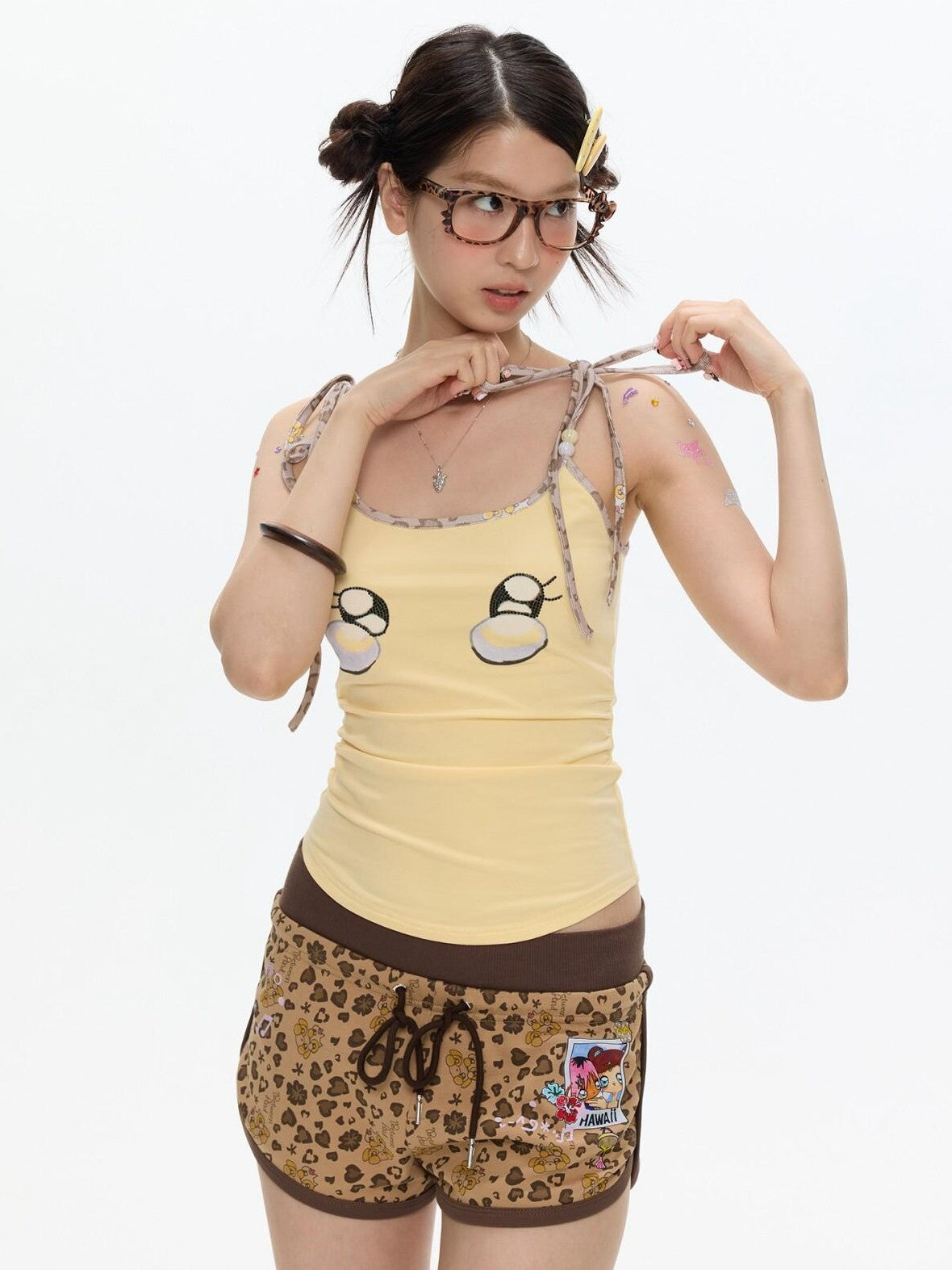 Egg Yellow Leopard Print V-neck Slim Fit Women's Cotton Blend Camisoles