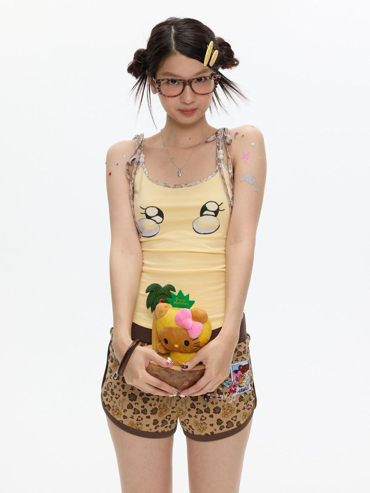 Egg Yellow Leopard Print V-neck Slim Fit Women's Cotton Blend Camisoles
