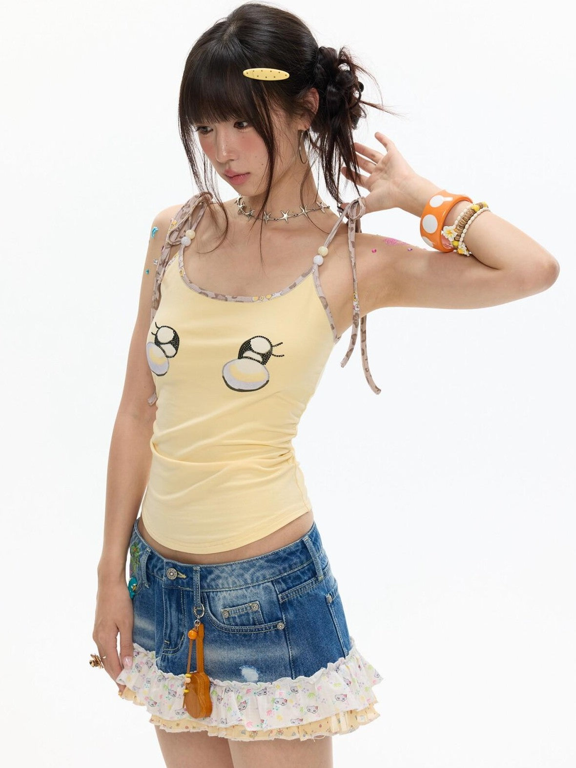 Egg Yellow Leopard Print V-neck Slim Fit Women's Cotton Blend Camisoles