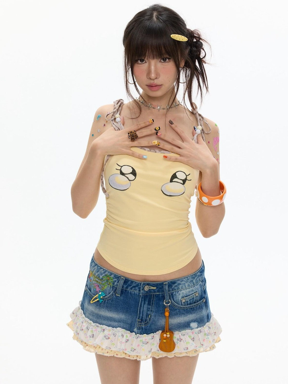 Egg Yellow Leopard Print V-neck Slim Fit Women's Cotton Blend Camisoles