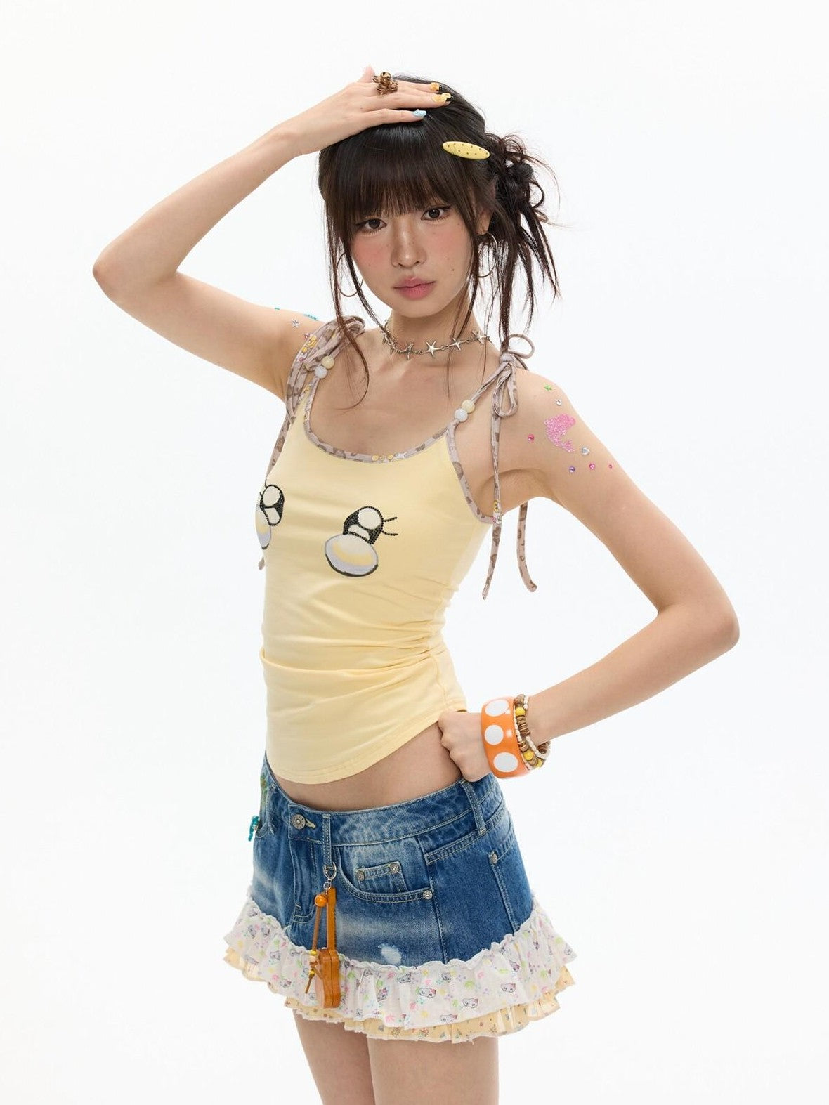 Egg Yellow Leopard Print V-neck Slim Fit Women's Cotton Blend Camisoles