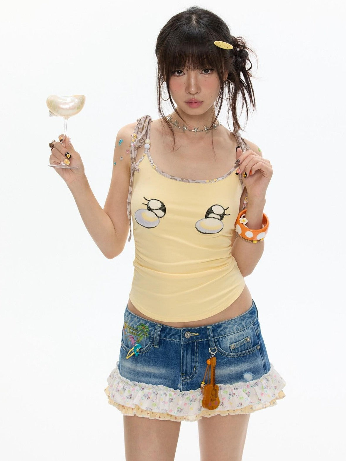 Egg Yellow Leopard Print V-neck Slim Fit Women's Cotton Blend Camisoles