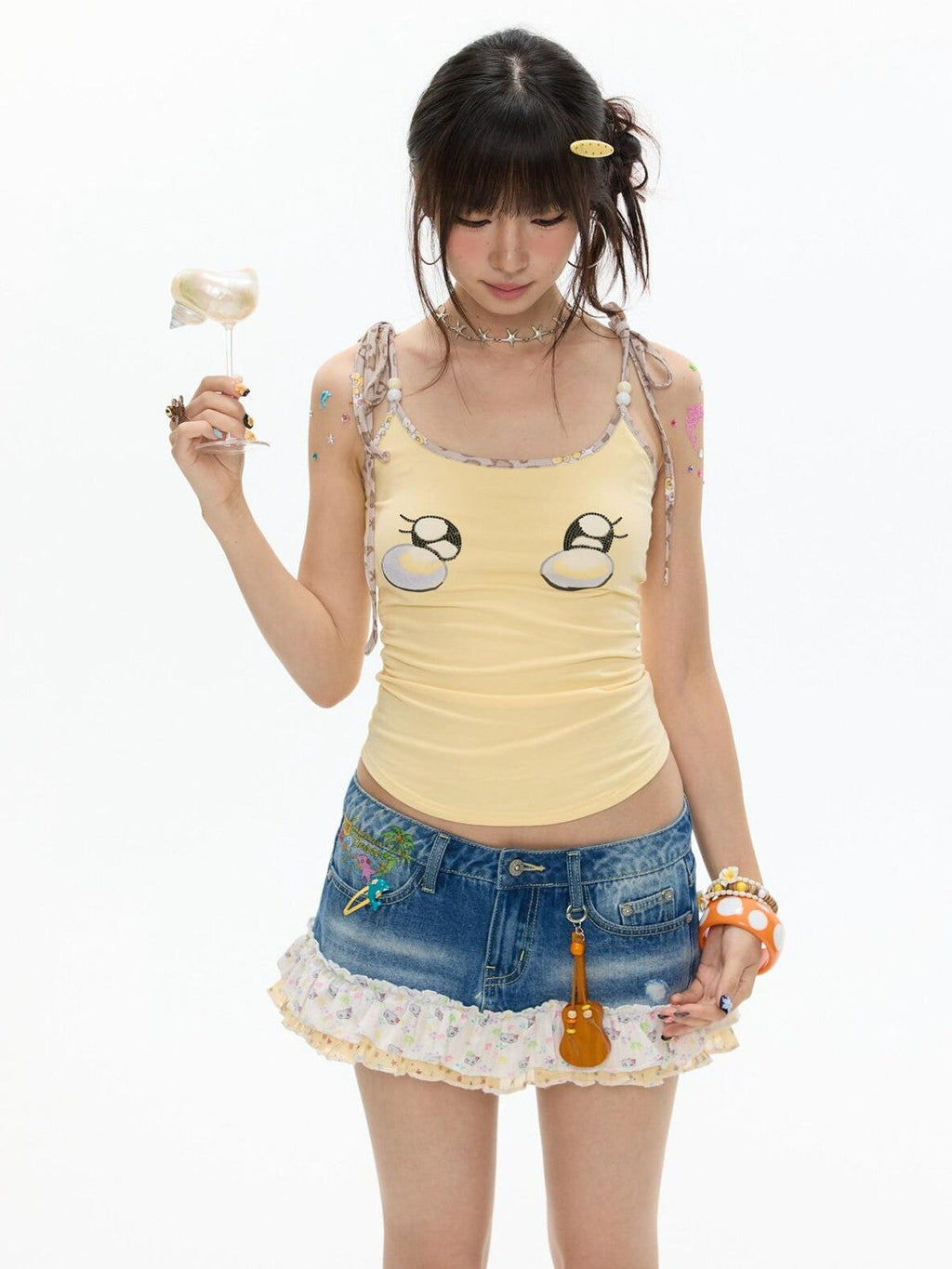 Egg Yellow Leopard Print V-neck Slim Fit Women's Cotton Blend Camisoles