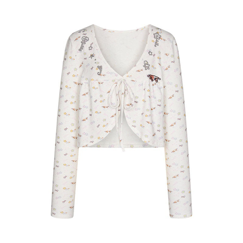 Embroidered Snowflake Tie Front Cardigan Women's Polyester Long Sleeve T-shirts